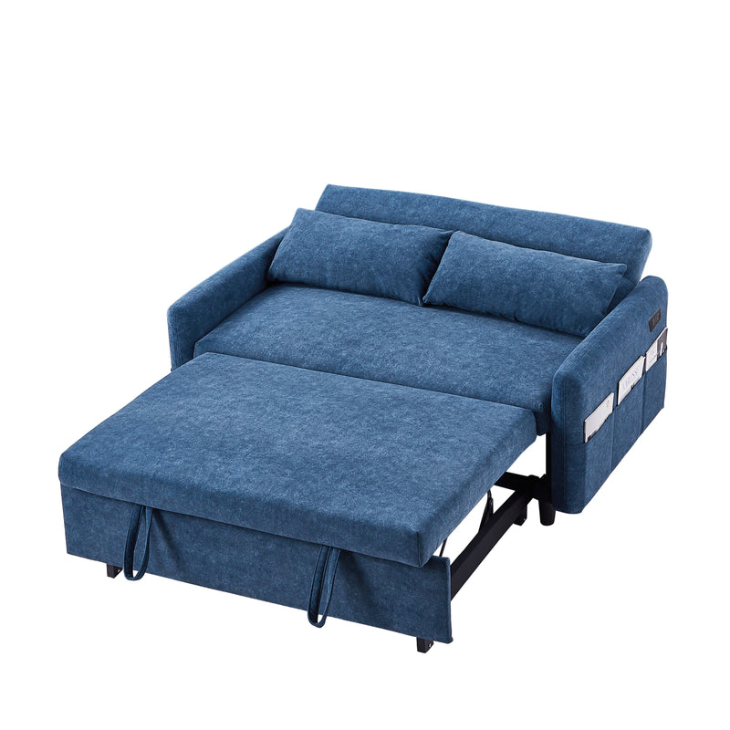 55.1" Pull Out Sleep Sofa Bed Loveseats Sofa Couch with Adjustable Backrest, Storage Pockets, 2 Soft Pillows, USB Ports for Living Room, Bedroom, Apartment, Office, Blue