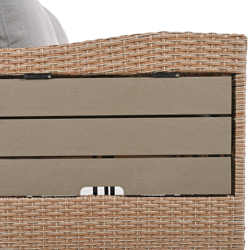 5-Piece Outdoor Patio Rattan Sofa Set, Sectional PE Wicker L-Shaped Garden Furniture Set with 2 Extendable Side Tables, Dining Table and Washable Covers for Backyard, Poolside, Indoor, Brown