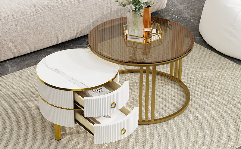 27.5" & 19.6" Stackable Coffee Table with 2 Drawers, Nesting Tables with Brown Tempered Glass and High Gloss Marble Tabletop, Set of 2, Round Center Table for Living Room, White