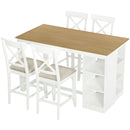 60"Lx30"W Solid Wood Farmhouse Counter Height Dining Table Set with 3-Tier Storage Shelves, Upholstered Dining Chairs for 4, 5-Piece, White