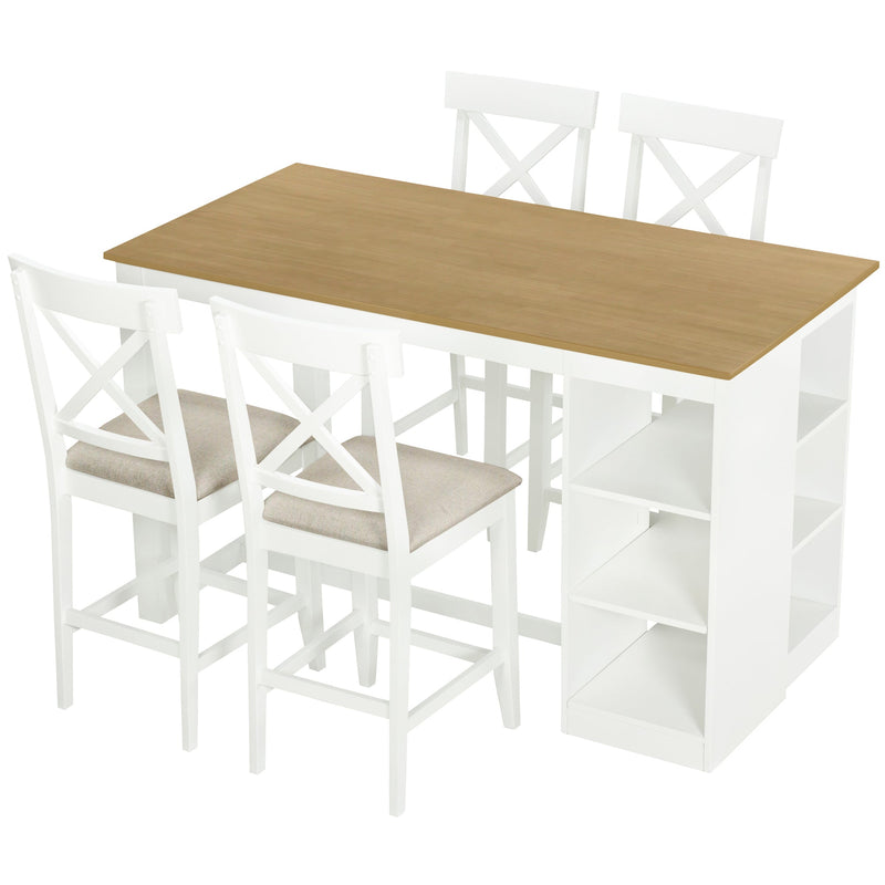 60"Lx30"W Solid Wood Farmhouse Counter Height Dining Table Set with 3-Tier Storage Shelves, Upholstered Dining Chairs for 4, 5-Piece, White