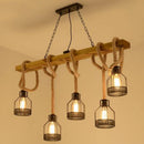 GobekUsa Rustic Wood Pendant Lamp: Linear Restaurant Hanging Island Light with Brown Roped Cage (3/5-Light)