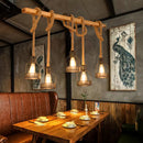 GobekUsa Rustic Wood Pendant Lamp: Linear Restaurant Hanging Island Light with Brown Roped Cage (3/5-Light)
