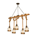 GobekUsa Rustic Wood Pendant Lamp: Linear Restaurant Hanging Island Light with Brown Roped Cage (3/5-Light)
