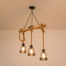GobekUsa Rustic Wood Pendant Lamp: Linear Restaurant Hanging Island Light with Brown Roped Cage (3/5-Light)