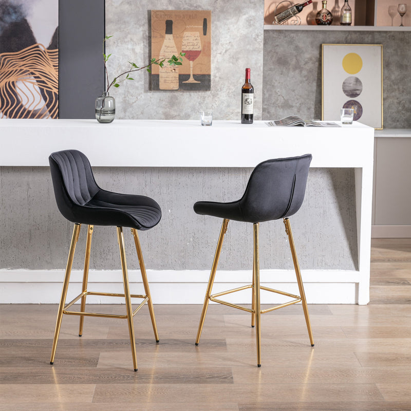 26 Inch Set of 2 Bar Stools, with Chrome Footrest Velvet Fabric Counter Stool Golden Leg Simple Bar Stool, BLACK