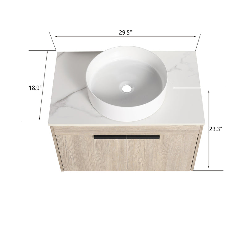 30" Modern Design Float Bathroom Vanity With Ceramic Basin Set, Wall Mounted White Oak Vanity With Soft Close Door, KD-PackingD-Packing Pieces