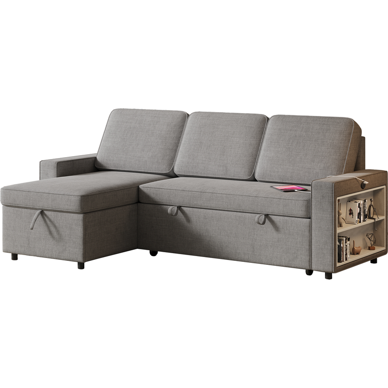 85.8" Pull Out Sleeper Sofa L-Shaped Couch Convertible Sofa Bed with Storage Chaise And Storage Racks,With USB Port And T-pyce Port