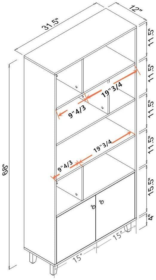 68" Bookcase with 2 Doors, Bookshelf, White