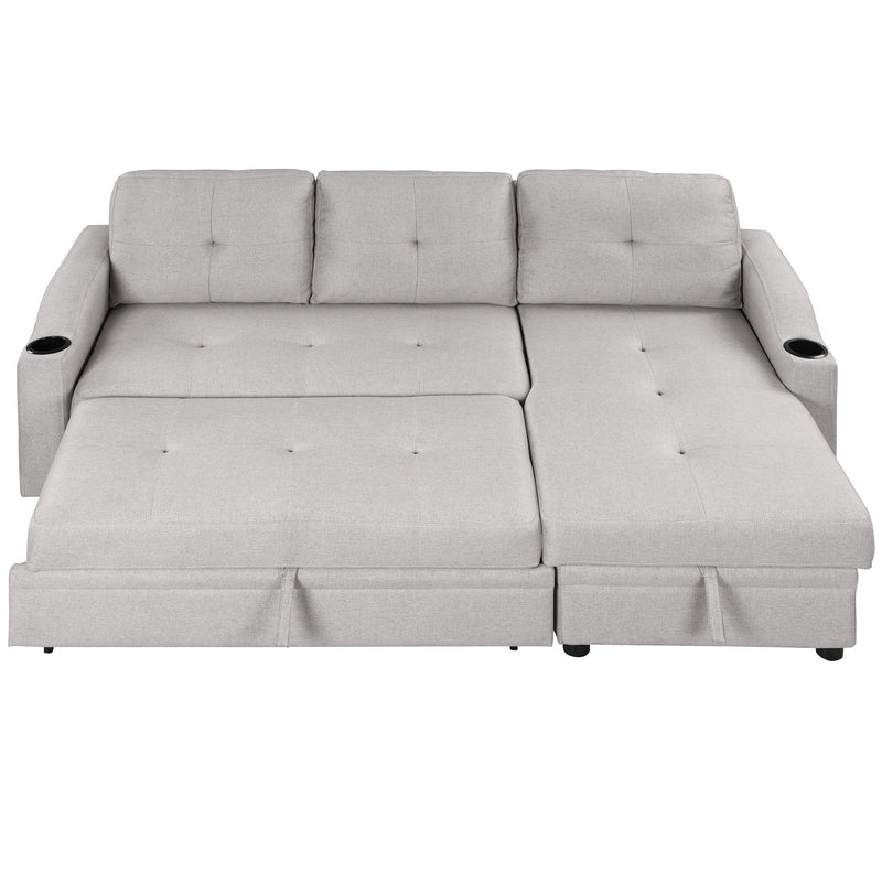 80.3" Pull Out Sofa Bed Modern Padded Upholstered Sofa Bed, Linen Fabric 3 Seater Couch with Storage Chaise and Cup Holder, Small Couch for Small Spaces