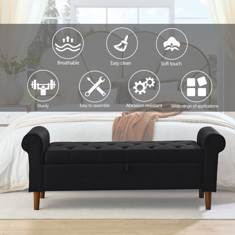 62" Bedroom Tufted Button Storage Bench, Linen Upholstered Ottoman, Window Bench, Rolled Arm Design for Bedroom, Living Room, Foyer (Beige)