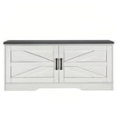 2 Tier Shoe Bench with Padded Seat, 2 Barn Doors and Adjustable Shelves, for Entryway and Living Room, White MDF