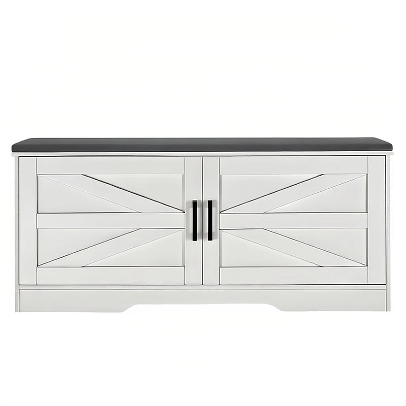 2 Tier Shoe Bench with Padded Seat, 2 Barn Doors and Adjustable Shelves, for Entryway and Living Room, White MDF