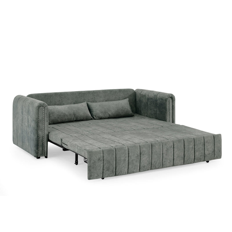 3 in 1 Pull-Out Bed Sleeper, Modern Upholstered 3 Seats Lounge Sofa & Couches with Rolled Arms Decorated with Copper Nails, Convertible Futon 3 Seats Sofabed with Two Drawers and Two Pillows