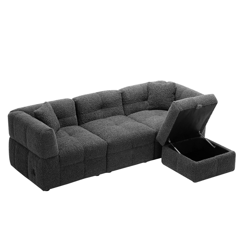 87.7" Sectional Sofa Cozy Teddy Fleece Fabric Sectional Sofa Couch with Two USB Ports a Movable Storage Ottoman and Two Lumbar Pillows for Living Room, Gray