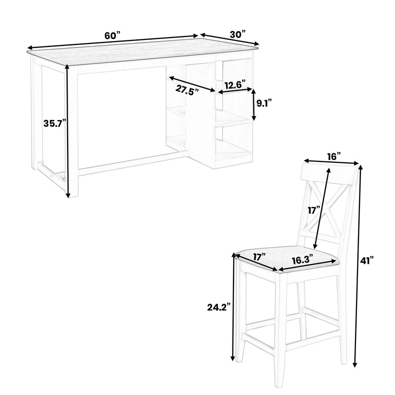 60"Lx30"W Solid Wood Farmhouse Counter Height Dining Table Set with 3-Tier Storage Shelves, Upholstered Dining Chairs for 4, 5-Piece, Gray