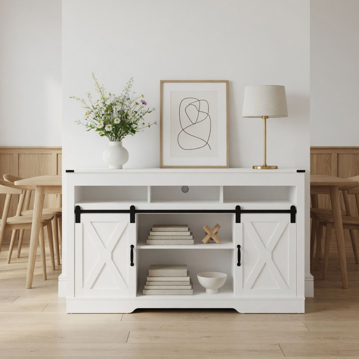 Farmhouse TV Stand With Sliding Barn Doors & Adjustable Storage, photo 7 of 40