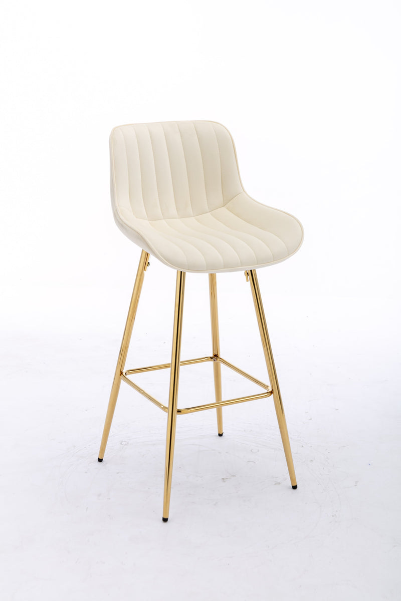 30 inch Set of 2 Bar Stools, with Chrome Footrest Velvet Fabric Counter Stool Golden Leg Simple High Bar Stool, CREAM