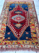 Hand-Knotted Antique Turkish Melas Wool Rug – 4'3" x 5'11" – Vibrant Geometric Motifs