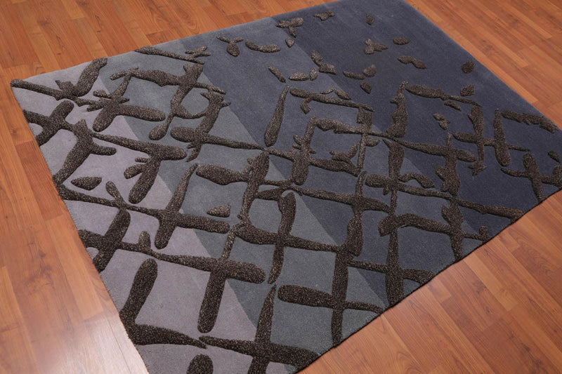 4'8" x 6’8" Handmade High Low Pile 100% Wool Area rug Modern Gray