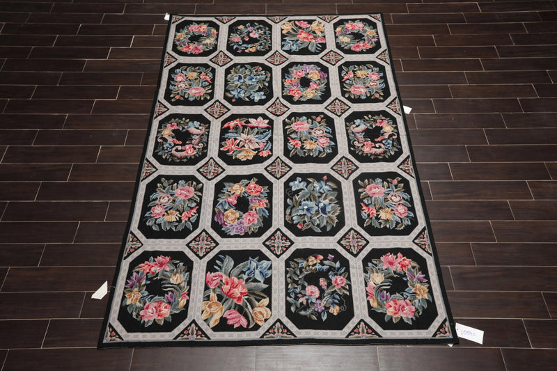 6' x 9' Hand Woven Traditional French Aubusson Needlepoint Wool Area Rug Black