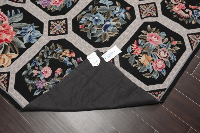 6' x 9' Hand Woven Traditional French Aubusson Needlepoint Wool Area Rug Black