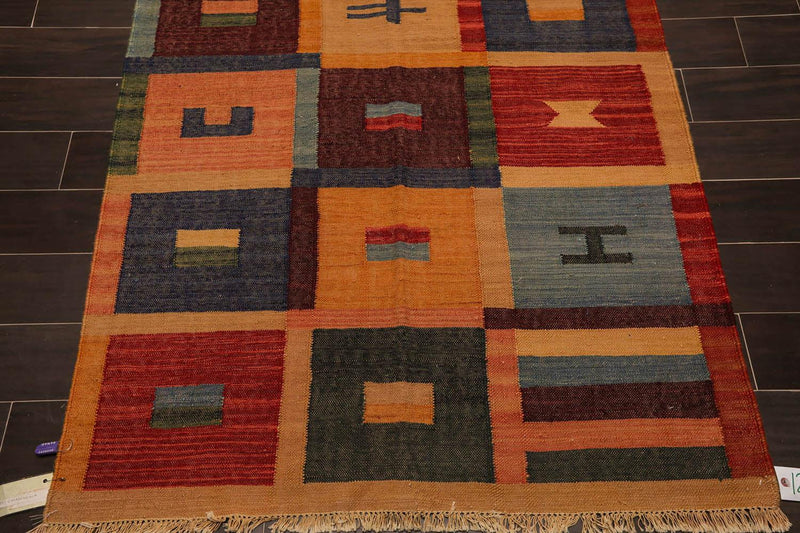 4' x 6'4" Hand Woven 100% Wool Contemporary Southwestern Kilim Area Rug Rust