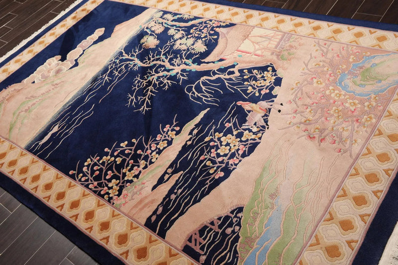 6' x 9' Hand Knotted 100% Wool Art Deco Traditional Oriental Area Rug Navy