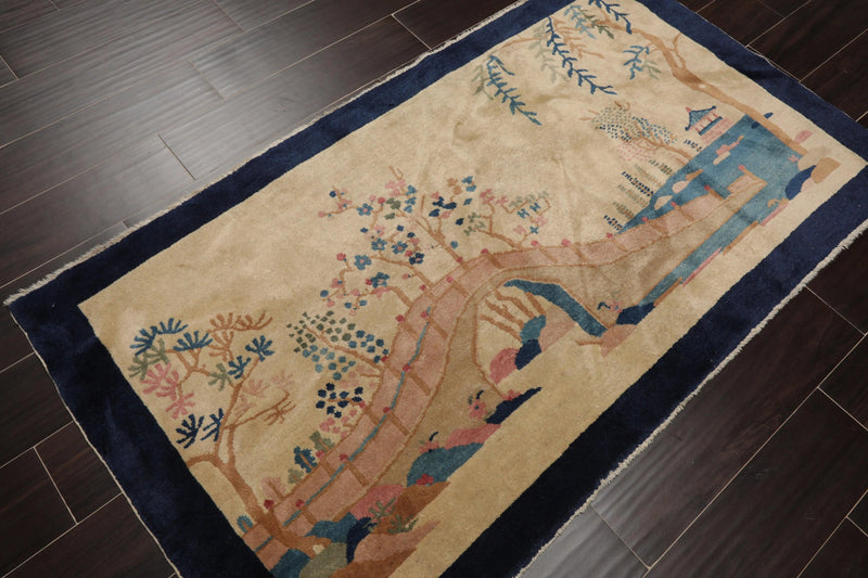 5'1''x2'11'' Antique Art Deco Peking Hand Knotted Wool Oriental Area Rug Beige