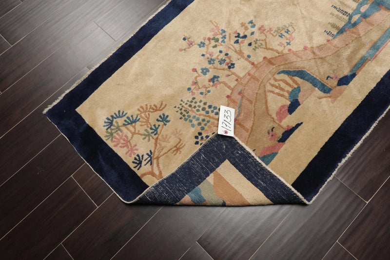 5'1''x2'11'' Antique Art Deco Peking Hand Knotted Wool Oriental Area Rug Beige