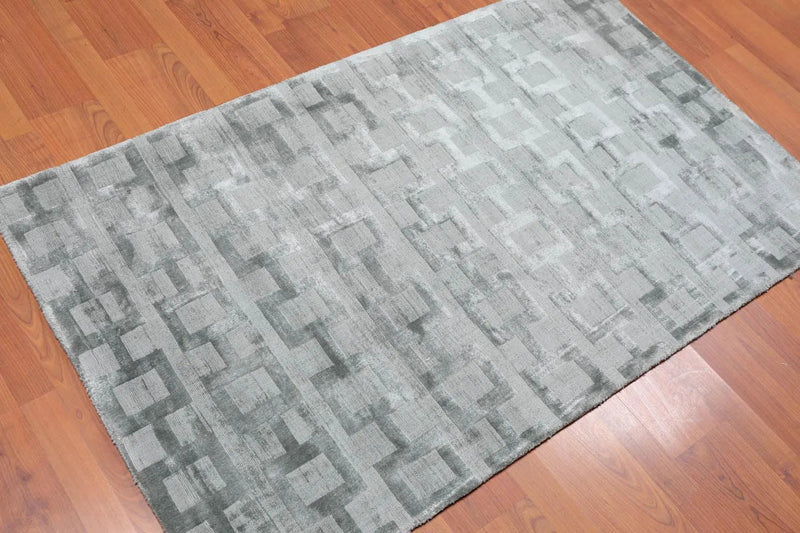 3' x 5' Handmade 100% Bamboo Silk Loop & cut Pile Geometric Area rug Aqua