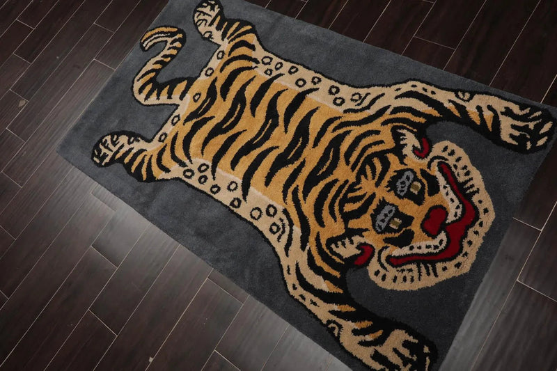 3x5 Gray, Gold Tiger Handmade 100% Wool Novelty/Animal Oriental Area Rug