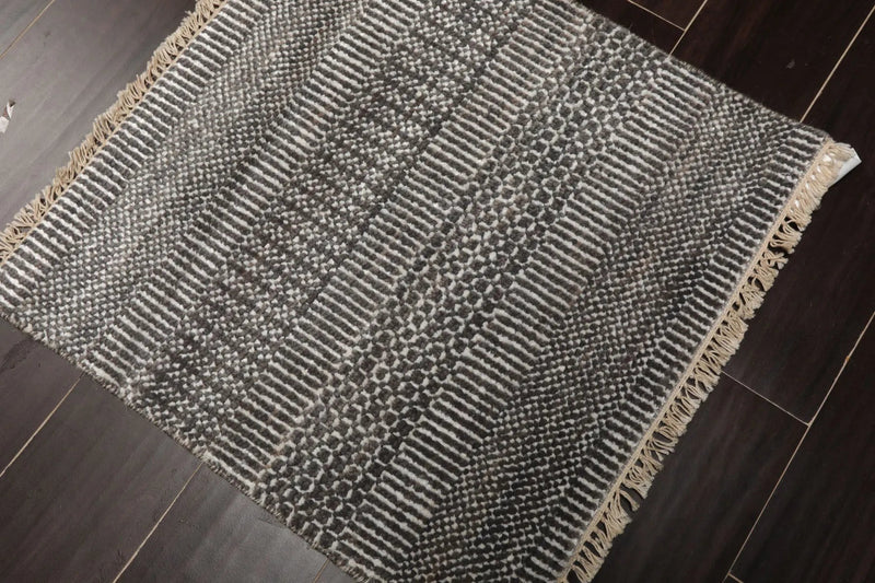 2'x2' Ivory Hand Knotted Tibetan Modern Wool and Bamboo Silk Oriental Area Rug