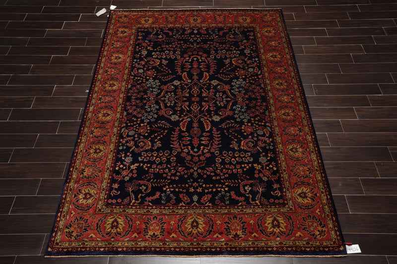 6x9 Navy, Rose Hand Knotted 100% Wool Sarouk Traditional 200 KPSI Oriental Area Rug