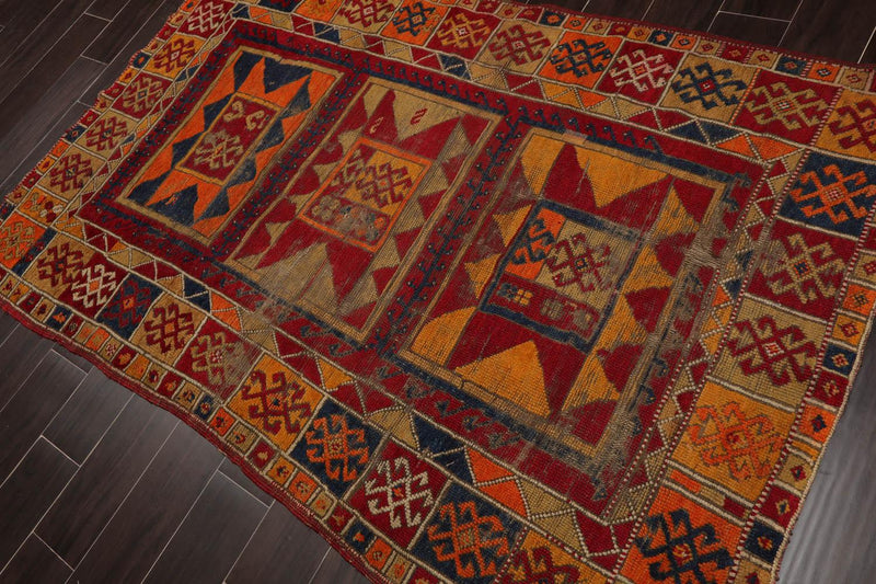 4'3" x 6'8" Authentic Antique Caucasian Kazak Hand Knotted Wool Area Rug Red