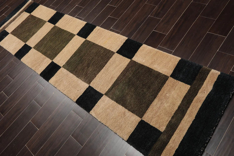 2'6"x9'10" Runner  Beige, Black Hand Knotted Tibetan 100% Wool Graphic Traditional Oriental Area Rug
