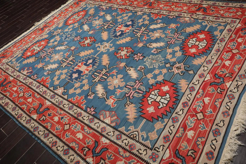 8' x 10' Authentic Turkish Kilim Hand Woven Wool Arts & Crafts Area Rug Blue