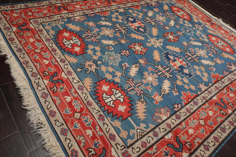 8' x 10' Authentic Turkish Kilim Hand Woven Wool Arts & Crafts Area Rug Blue