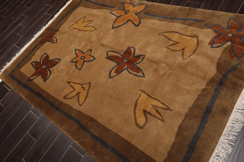 5' x 7'2" Endless Knot Hand Knotted 100% Wool Tibetan Oriental Area Rug Tan