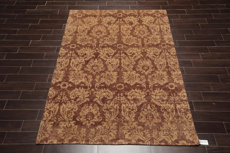 6' x 8'8'' Hand Knotted New Zealand Wool Damask Antique Finish Area Rug Brown
