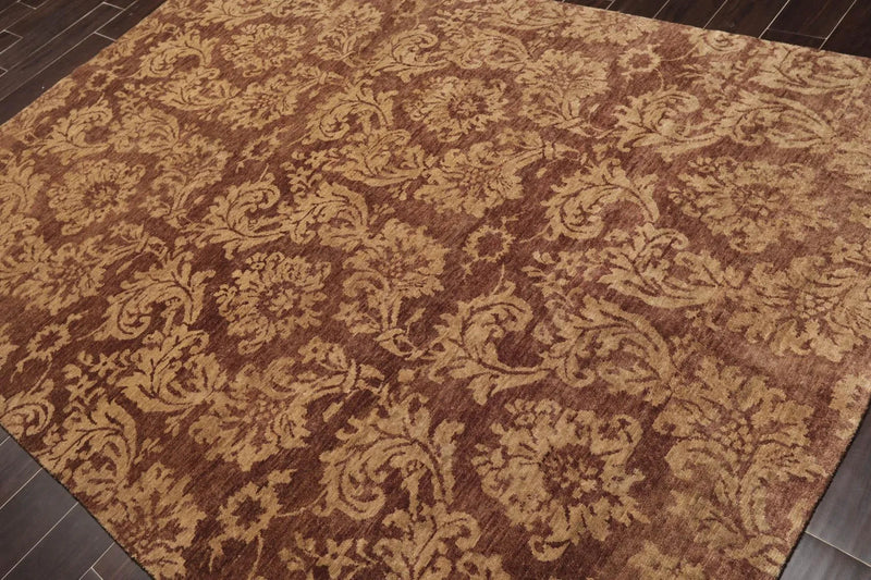 6' x 8'8'' Hand Knotted New Zealand Wool Damask Antique Finish Area Rug Brown