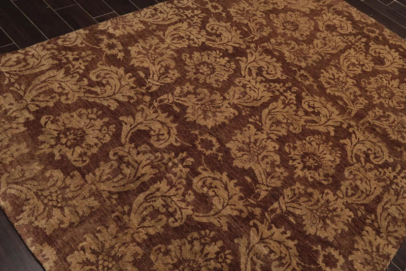 6' x 8'8'' Hand Knotted New Zealand Wool Damask Antique Finish Area Rug Brown