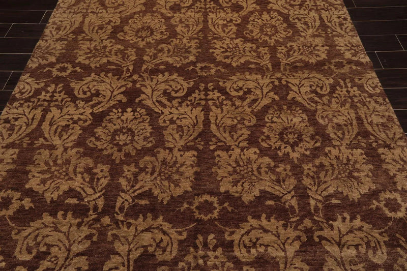 6' x 8'8'' Hand Knotted New Zealand Wool Damask Antique Finish Area Rug Brown