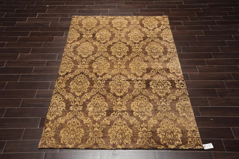 6' x 9' Hand Knotted New Zealand Wool Damask Area Rug Brown Light Gold Antique