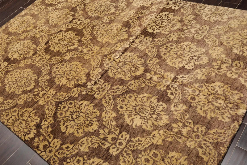 6' x 9' Hand Knotted New Zealand Wool Damask Area Rug Brown Light Gold Antique