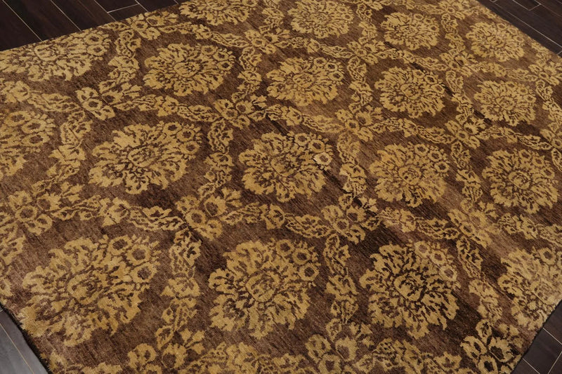6' x 9' Hand Knotted New Zealand Wool Damask Area Rug Brown Light Gold Antique