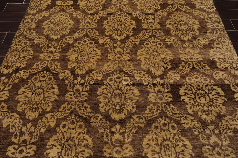6' x 9' Hand Knotted New Zealand Wool Damask Area Rug Brown Light Gold Antique