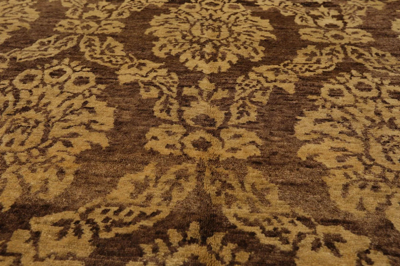 6' x 9' Hand Knotted New Zealand Wool Damask Area Rug Brown Light Gold Antique
