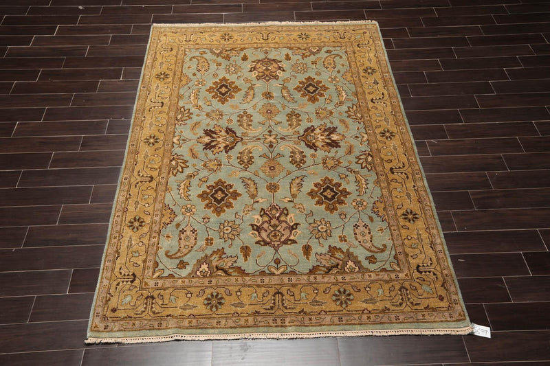 6'2" x 8'11" Hand Knotted Agra 100% New Zealand Wool Muted Area Rug Aqua