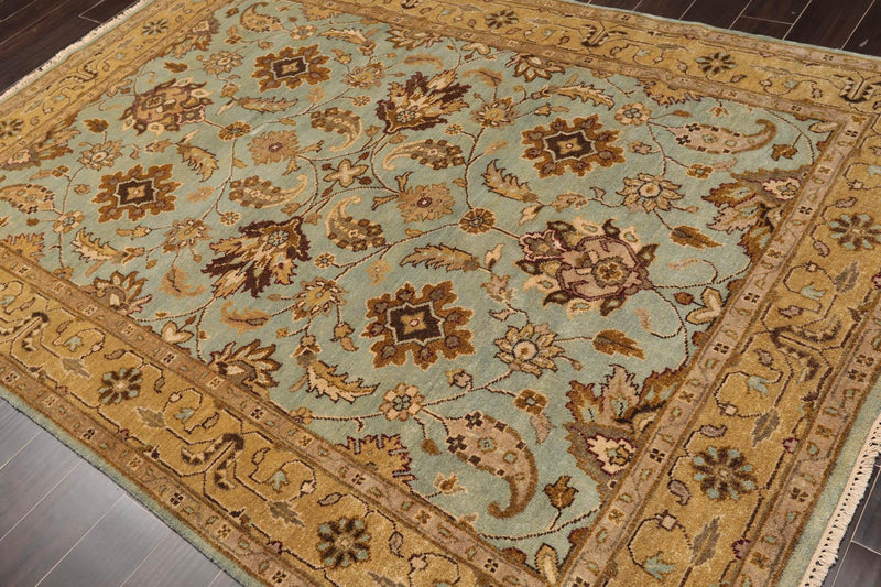 6'2" x 8'11" Hand Knotted Agra 100% New Zealand Wool Muted Area Rug Aqua
